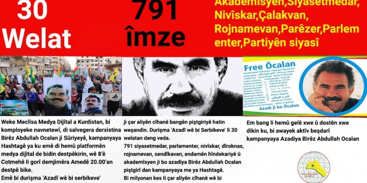 Bi daxwaza azadiya fîzîkî ya Rêber Apo li ser platforma çapemeniya dijital X’ê bi etîketa ‘#dawî li tecrîdê bînîn azadî ji bo Ocalan’ xebat hat destpêkirin